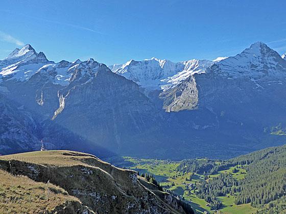 The Schreckhorn, Finsteraarhorn, Fiescherhorn massif and the Eiger 