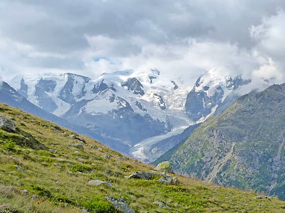 The Morteratsch Glacier and glacier-clad peaks of the Bernina Range