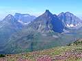 Looking west toward Vigil Peak,Battlement Mountain, Statuary Mountain and Church Butte from Two Medicine Pass