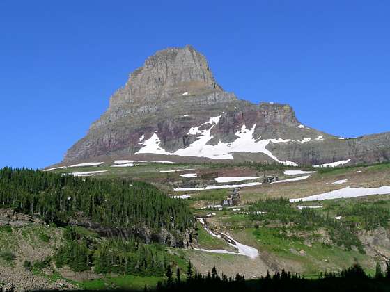 Looking back at Clements Mountain (8,760-ft.) towering above the Logan Pass area