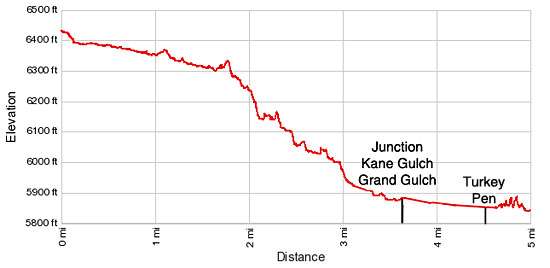 Elevation Profile Kane Gulch to Junction and Turkey Pen Ruins